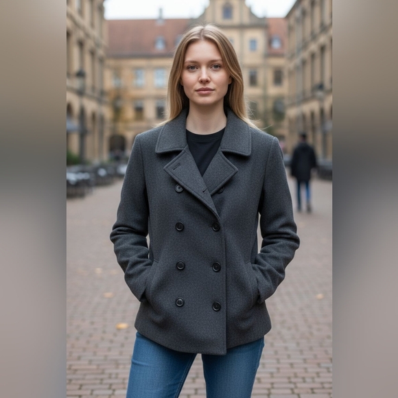 Vintage Peacoat Blazer Dark Gray Wool Blend Cropped Double Breasted DC Brand - Picture 1 of 13